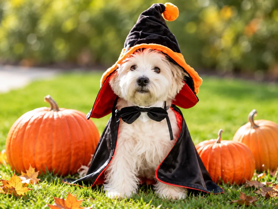 Dog in an orange Halloween costume