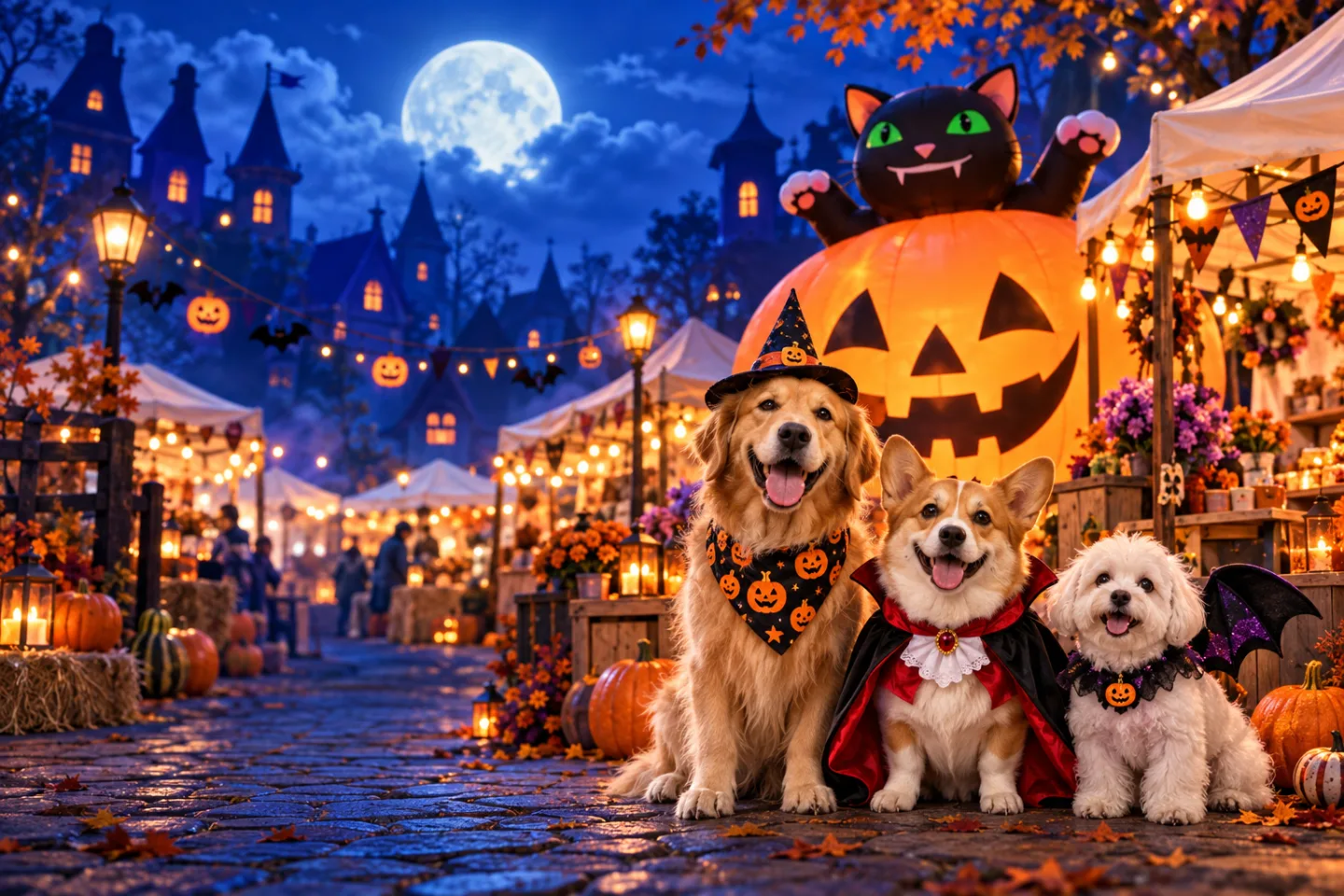 Costumed pets at a blue and orange Halloween bazaar with a giant pumpkin and illuminated market stalls